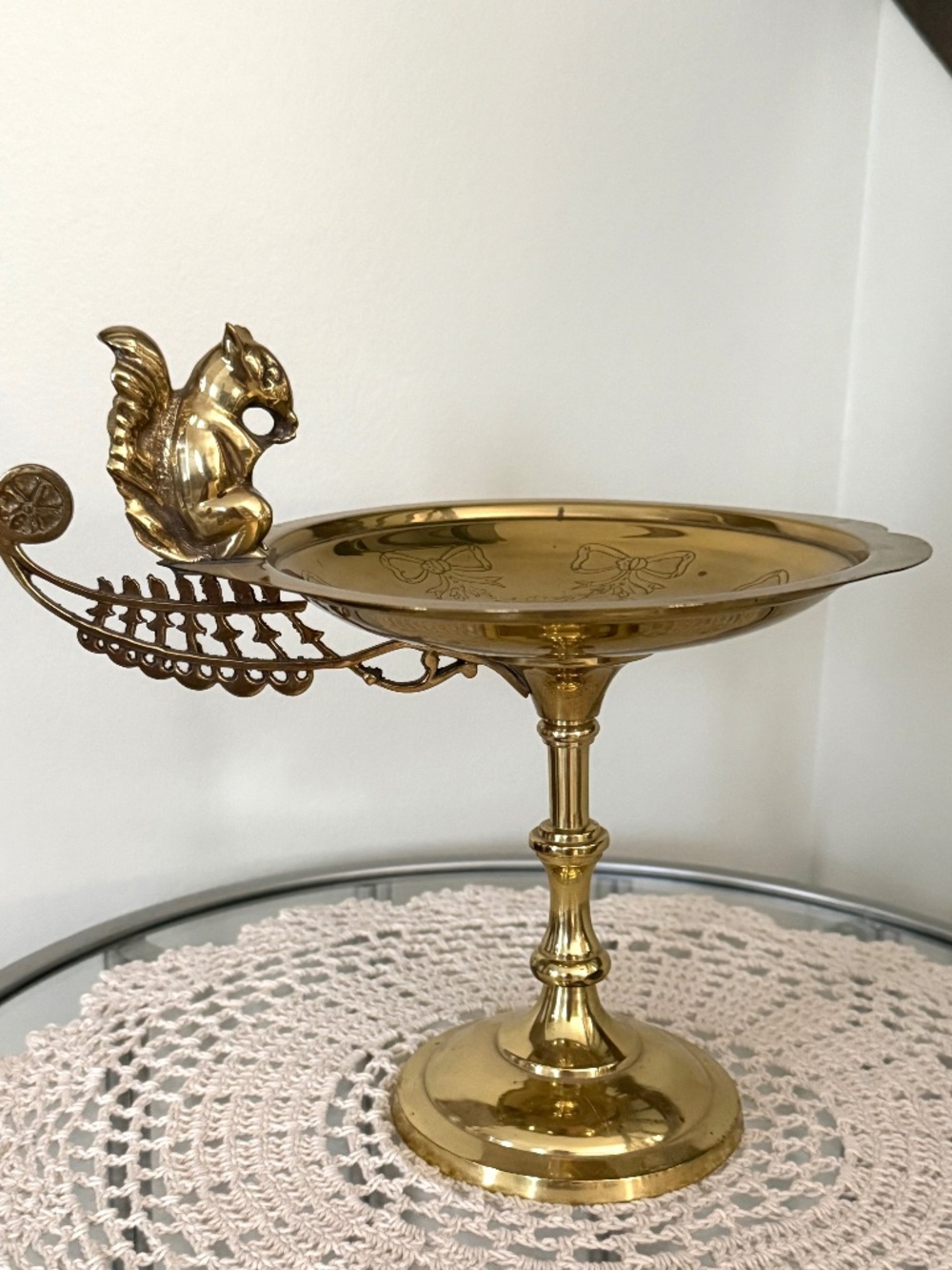 Lacquered Solid Brass Tazza Compote Stand Centerpiece w Perched Figure Squirrel